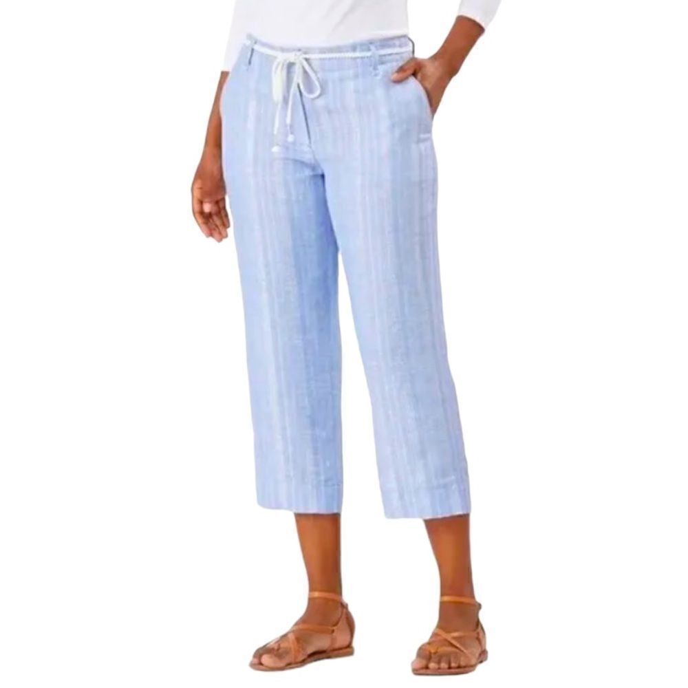 Tommy Bahama Women's Silver Stripe Linen-Blend Cropped Pants Size 16